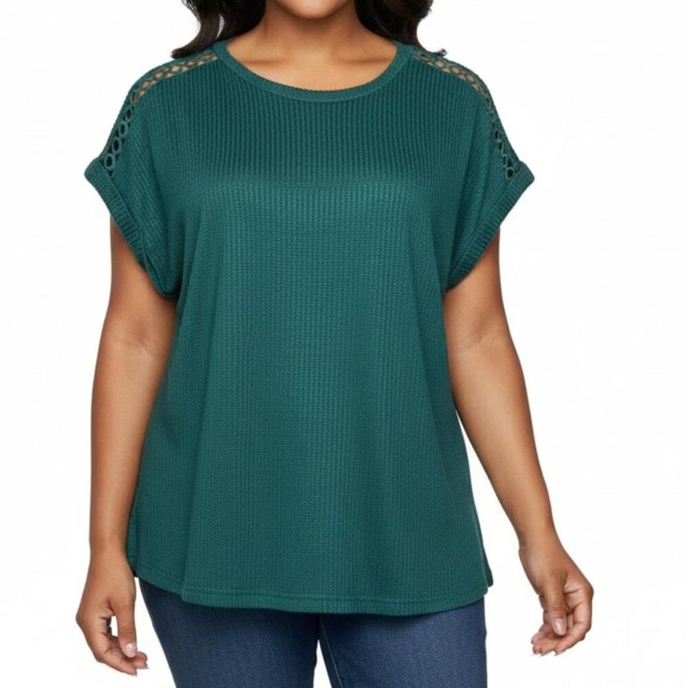 Fred David Blouse Women Dark Green Pull Over Cut out Shoulder Cap Sleeve Top XL